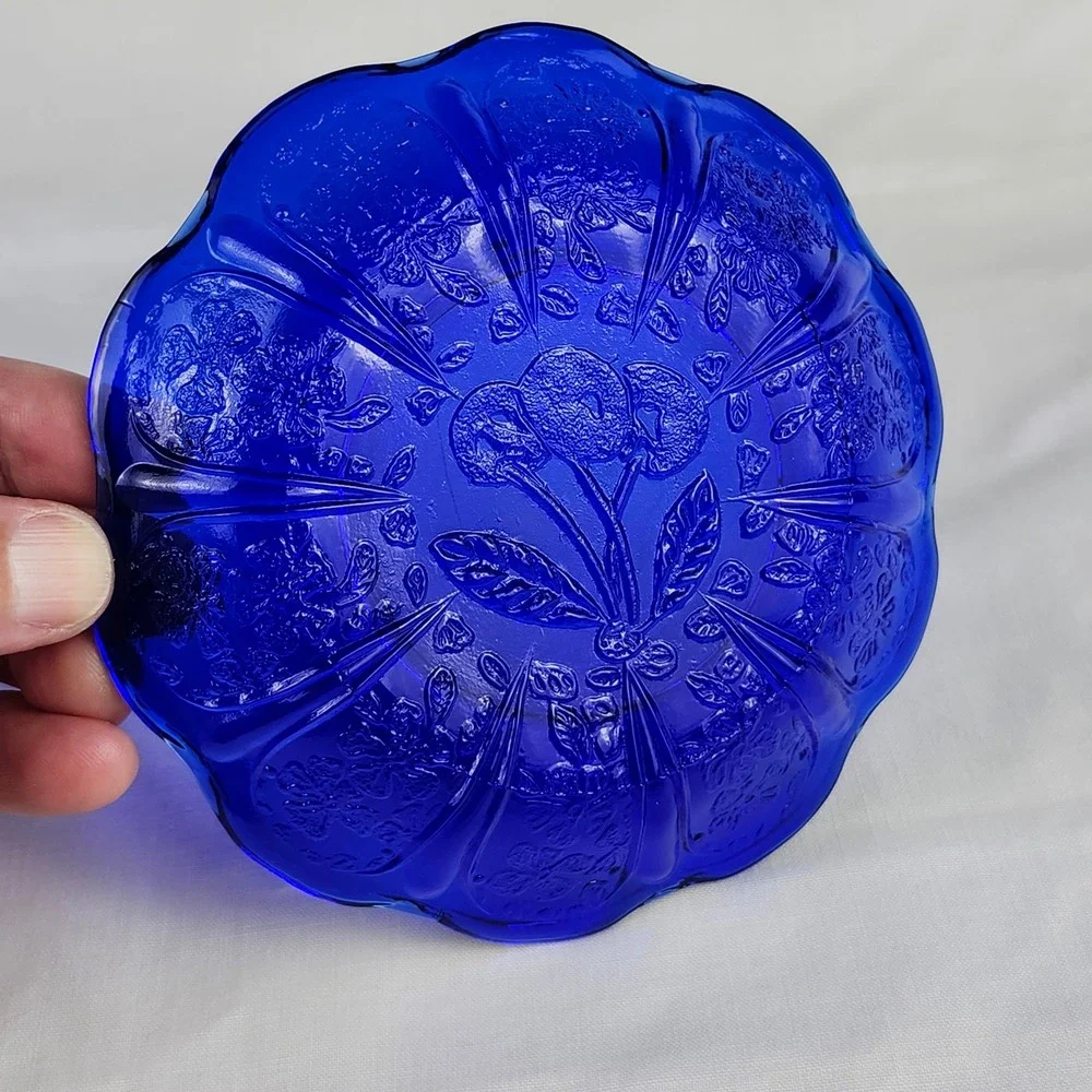 VTG Butter/Cheese Dish Cobalt Blue Glass Cherry Blossom Embossed Scalloped Edge